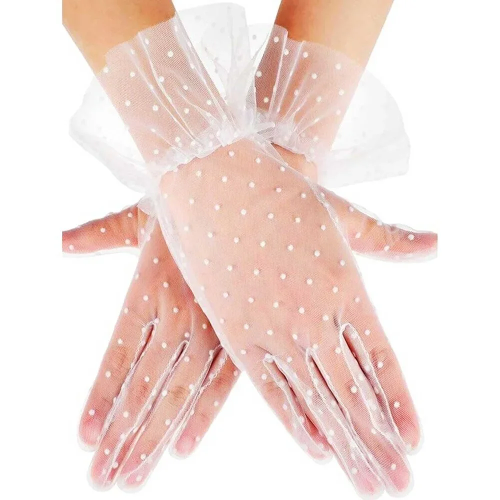 Women's White 100% Polyester Lace Sheer Fancy Wedding Combined Bridal Gloves